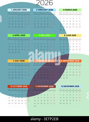 Français 2026 vertical 3x4 grille asymétrique formes géométriques calendrier Clean Abstract Annual Planner (compatible avec 2037 et 2043). Illustration de Vecteur