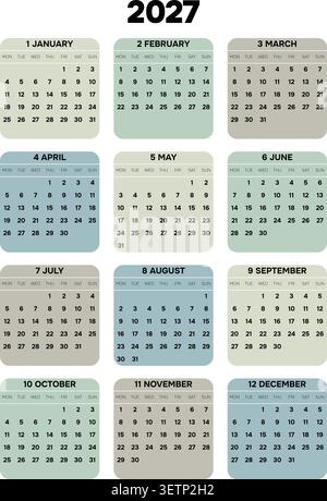 Anglais 2027 grille verticale 3x4 feuille de chronologie linéaire monochrome calendrier de flux de travail annuel minimaliste (compatible avec 2038 et 2049). Illustration de Vecteur