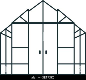 Illustration en ligne simple d'une serre avec panneaux de verre toit triangulaire et portes doubles centrées Illustration de Vecteur