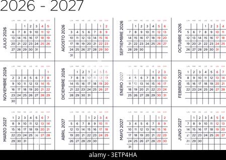 Espagnol 2026-2027 quadrillage horizontal 4x3 ligne abstraite Art calendrier géométrique Modern minimaliste grille annuelle (compatible avec 2037-2038 et 2054-2055). Illustration de Vecteur