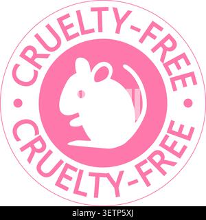 Sans cruauté, non testé sur l'animal. Panneau d'étiquette d'information rond avec une souris de laboratoire et un texte de cercle. Couleur rose. Illustration de Vecteur