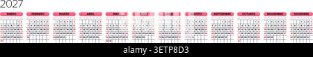 Espagnol 2027 horizontal Linear Grid Creative Studio Line Art Calendar minimaliste Modernist Annual Layout (compatible avec 2038 et 2049). Illustration de Vecteur