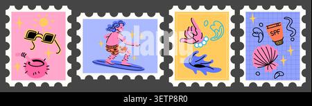 Timbres d'été vintage avec des scènes de plage tropicales. Ensemble vectoriel contemporain de cartes postales colorées avec surfeur, coquille, crème solaire et lunettes de soleil, éclaboussure d'eau dans le cadre d'affranchissement rétro Illustration de Vecteur
