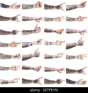 Homme montrant ses mains tatouées, gros plan. Ensemble de gestes sur fond blanc Banque D'Images