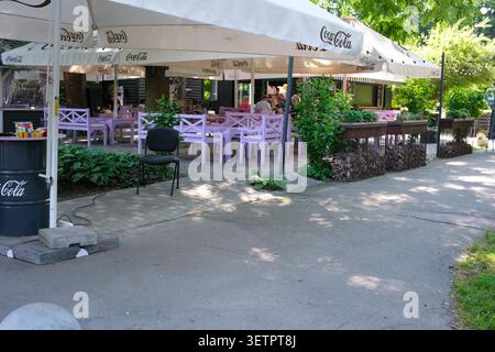 Vous pourrez vous détendre dans un café animé entouré d'une végétation luxuriante par une journée chaude. Kiev, Ukraine, 23 juin 2026 Banque D'Images