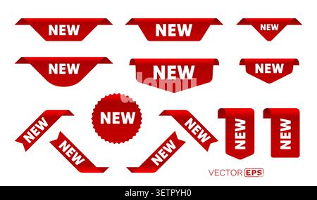 Ensemble de NOUVELLES étiquettes rouges et rubans. Diverses nouvelles bannières et étiquettes d'arrivée pour la promotion du produit. Illustration vectorielle Illustration de Vecteur