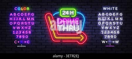 Enseigne au néon du drive-in 24 h modifiable avec typographie lumineuse et flèche directionnelle. Modèle de restaurant lumineux pour le service à emporter, dîner de nuit et Illustration de Vecteur