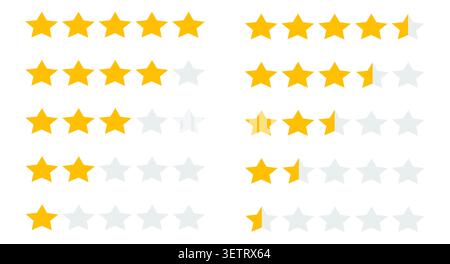 Disposition vectorielle plate des icônes d'évaluation d'étoiles jaunes et grises montrant des étoiles pleines, demi et vides pour les avis, les évaluations, les commentaires et la satisfaction de l'utilisateur Illustration de Vecteur