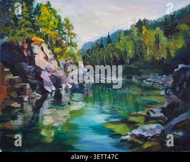 Le paysage d'un backwater calme avec l'eau miroir de Maiden atteint sur la rivière Kumir. Altaï. Russie. Peinture à l'huile sur toile. Banque D'Images