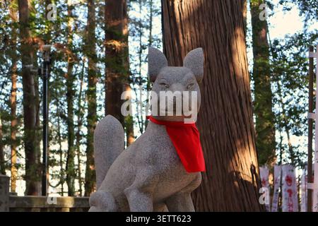 Prise verticale d'une statue de Kitsune en pierre avec un bavoir rouge se dressant parmi de grands arbres. Banque D'Images