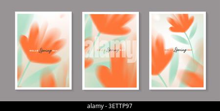 Ensemble d'affiches vectorielles de printemps avec des fleurs orange brouillées abstraites. Collection de modèle doux de couvertures florales d'aquarelle pastel pour carte de voeux. Illustration de Vecteur