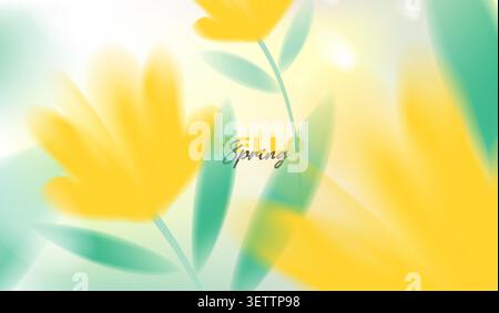 Fond de vecteur de printemps Hello avec des fleurs jaunes floues abstraites et des feuilles vertes. Modèle floral aquarelle pastel doux pour carte de voeux. Illustration de Vecteur