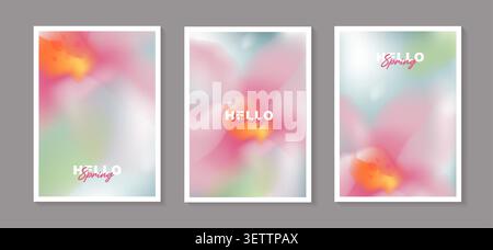 Ensemble de modèles d'affiche florale de printemps avec fond de dégradé fluide flou abstrait, illustration de fleur pastel soft focus pour bannière verticale. Illustration de Vecteur