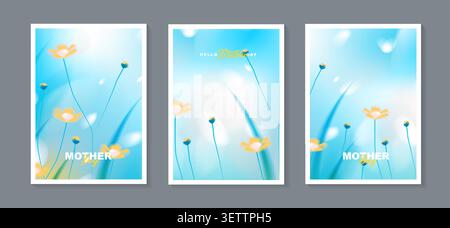 Ensemble de modèles de cartes de voeux de fête des mères avec fond bleu abstrait, lumière bokeh floue, fleurs jaunes douces et herbe verte fraîche. Vecteur. Illustration de Vecteur