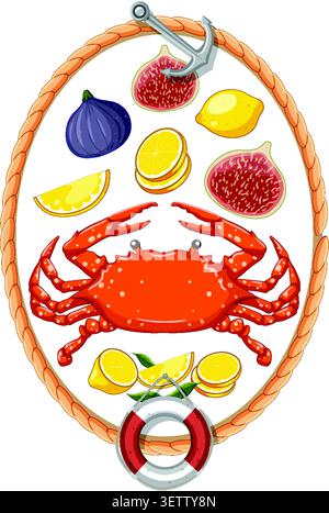 Art vectoriel plat de crabe, figues et citrons à l'intérieur d'un cadre de corde ovale avec ancre. Illustration de Vecteur