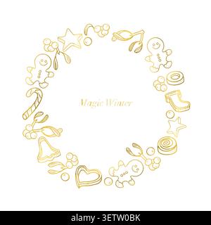 Couronne dorée raster avec des hommes en pain d'épice et Magic Winter texte isolé sur fond blanc. Caractéristiques d'illustration numérique élégante de Noël détaillées Banque D'Images