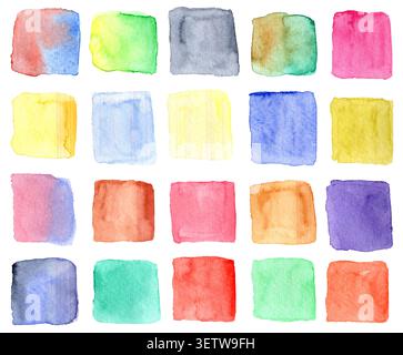 Ensemble de carrés colorés aquarelle brillants isolés sur fond blanc. Rectangles peints à la main texturés mignons et drôles pour la conception textile des enfants, wrapp Banque D'Images