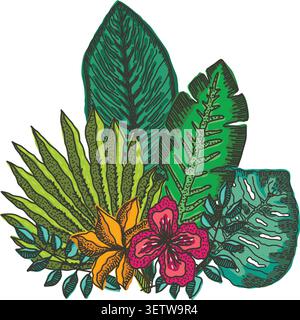 Composition de feuilles et de fleurs tropicales brillantes Illustration de Vecteur