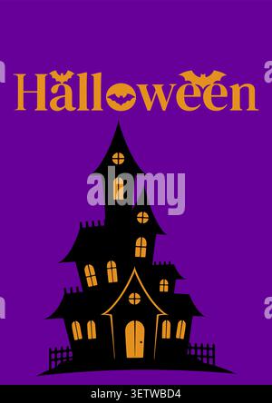 Affiche vectorielle de maison hantée d'Halloween effrayante avec des chauves-souris et la lune Illustration de Vecteur