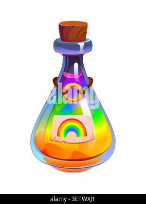 Bouteille de potion magique de dessin animé avec arc-en-ciel brillant Illustration de Vecteur