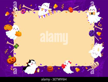 Mignons fantômes kawaii sur la bannière Happy Halloween Illustration de Vecteur