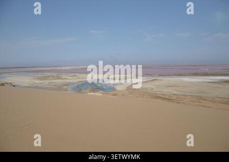 Une vue aérienne de bassins d'évaporation de sel rose séparés par des digues en terre à côté d'une grande dune de sable en Namibie. Banque D'Images