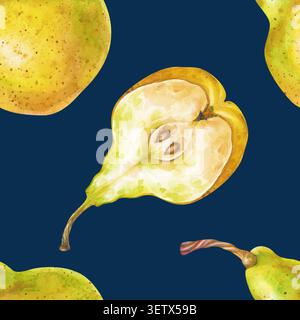 Motif aquarelle sans couture avec des poires jaunes sur un fond sombre. Poires entières et moitiés. Fond botanique avec des fruits de saison juteux. Pour Banque D'Images