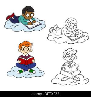Illustration dessinée à la main d'écoliers assis sur un nuage et étudiant en couleur et contour noir et blanc. Mignons étudiants lisant des livres, écrivant, et Banque D'Images