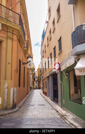 Les rues étroites pavées de Séville en Espagne, la moitié de la route dans l'ombre, montrant l'effet de refroidissement naturel des bâtiments proches Banque D'Images