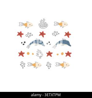 Ensemble de composition animaux marins mignons. Dauphin avec des éléments de doodle, étoiles de mer et coraux. Jeu d'illustrations vectorielles. Illustration de Vecteur