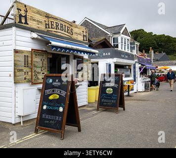 Petits stands de Street food en bois vendant du poisson frais et des frites dans la ville côtière de Lyme Regis Banque D'Images