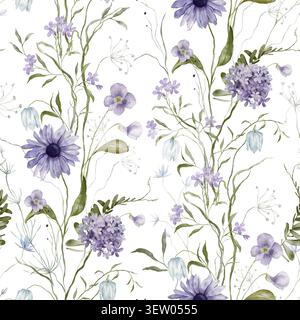 Aquarelle modèle sans couture avec illustration bleu clair et violet fleurs sauvages herbes fleurs - phlox, bleuet, fritillaire, échinacée, Marguerite Banque D'Images
