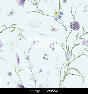 Motif floral romantique sans couture avec des papillons. Fleurs d'illustration d'aquarelle dessinées à la main - hortensia, fritillaire, camomille, Forget-me-nots Banque D'Images