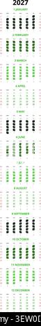 Anglais 2027 vertical Linear Grid Green Leaf Botanical Annual Calendar Sustainable Planner (compatible avec 2038 et 2049). Illustration de Vecteur