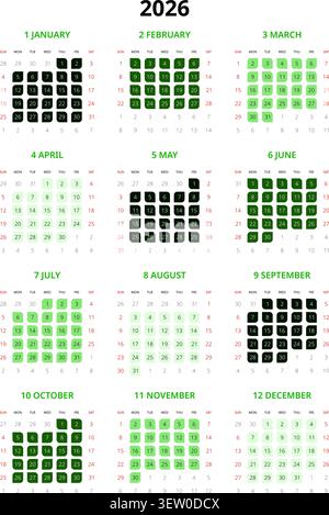 Anglais 2026 vertical 3x4 grille style herbier calendrier annuel Botanical Eco Grid (compatible avec 2037 et 2043). Illustration de Vecteur