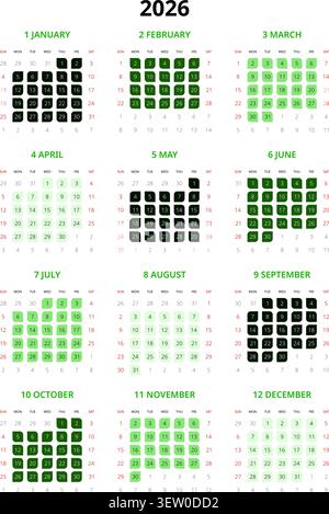 Anglais 2026 vertical 3x4 grille style herbier calendrier annuel Botanical Eco Grid (compatible avec 2037 et 2043). Illustration de Vecteur