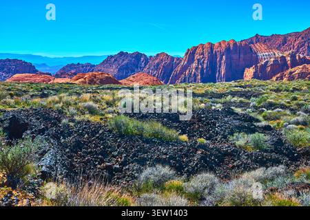 Red Rock Cliffs Lava Rock et végétation du désert dans le paysage du désert de l'Utah Banque D'Images