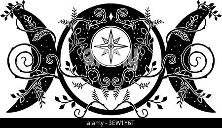 Mandala symétrique noir et blanc avec un design triple lune avec une étoile centrale et des lignes rayonnantes. Entouré de vignes botaniques, feuilles, et Illustration de Vecteur