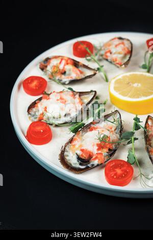 Une photographie commerciale en gros plan de délicieuses moules cuites au four en demi-coquilles avec du fromage fondu, des tomates coupées en dés et des pousses de pois Banque D'Images