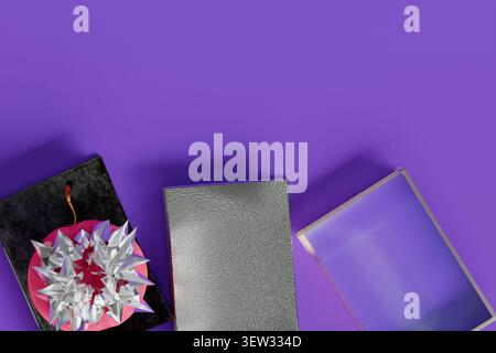 Rendu 3D haute couture de livres scolaires et d'une pomme en cristal vue d'en haut. Flatlay pop art tendance sur fond violet pour la conception de retour à l'école. Banque D'Images