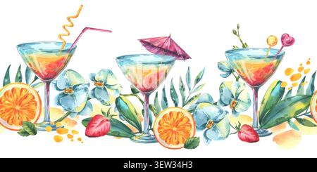 Illustration aquarelle de cocktails tropicaux avec orange, fraise et fleur d'orchidée. Bordure d'été sans couture avec boisson fraîche et fruits. Exotique Banque D'Images