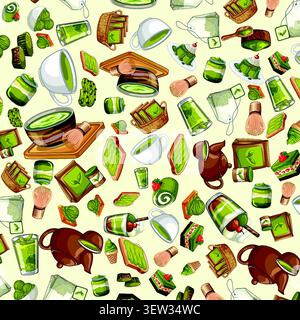 Illustration vectorielle dessinée à la main de thé matcha, fouets, théières et pâtisseries aromatisées au thé vert. Illustration de Vecteur