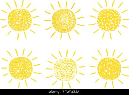 Ensemble créatif dessiné à la main avec des graphismes de soleil vectoriels dans un style plat pour les icônes et les designs d'été Illustration de Vecteur
