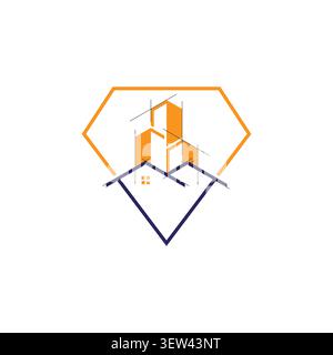 Une variation du logo de propriété architecturale combinant une bordure en diamant doré, un croquis de silhouette de bâtiments et une disposition de toit de maison double bleu foncé. Illustration de Vecteur