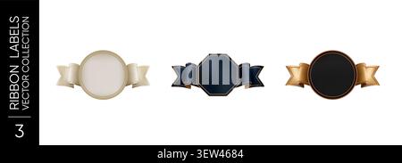 Collection de badges en ruban de luxe avec des modèles d'étiquettes vierges élégants avec des motifs ronds et octogonaux avec des accents décoratifs dorés Illustration de Vecteur