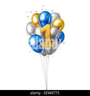 Un bouquet vibrant de ballons métalliques formant le numéro un, entouré de confettis dorés. Illustration de Vecteur