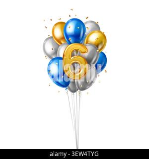 Un bouquet vibrant de ballons métalliques formant le numéro six avec des étoiles dorées festives qui les entourent. Illustration de Vecteur