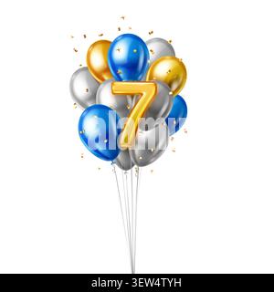 Un bouquet vibrant de ballons métalliques formant le numéro sept avec des accents de confettis dorés tombants. Illustration de Vecteur