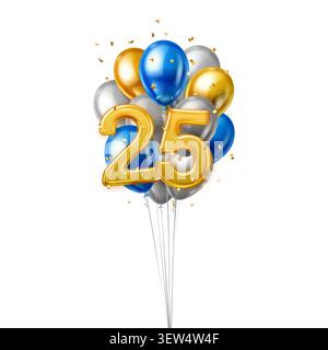 Un bouquet vibrant de ballons métalliques formant le nombre 25 avec des confettis tombant autour d'eux. Illustration de Vecteur