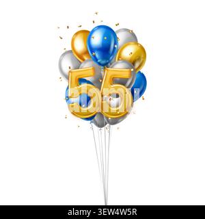 Un bouquet vibrant de ballons métalliques formant le numéro 55, entouré de confettis dorés, célébrant un anniversaire ou un jalon. Illustration de Vecteur